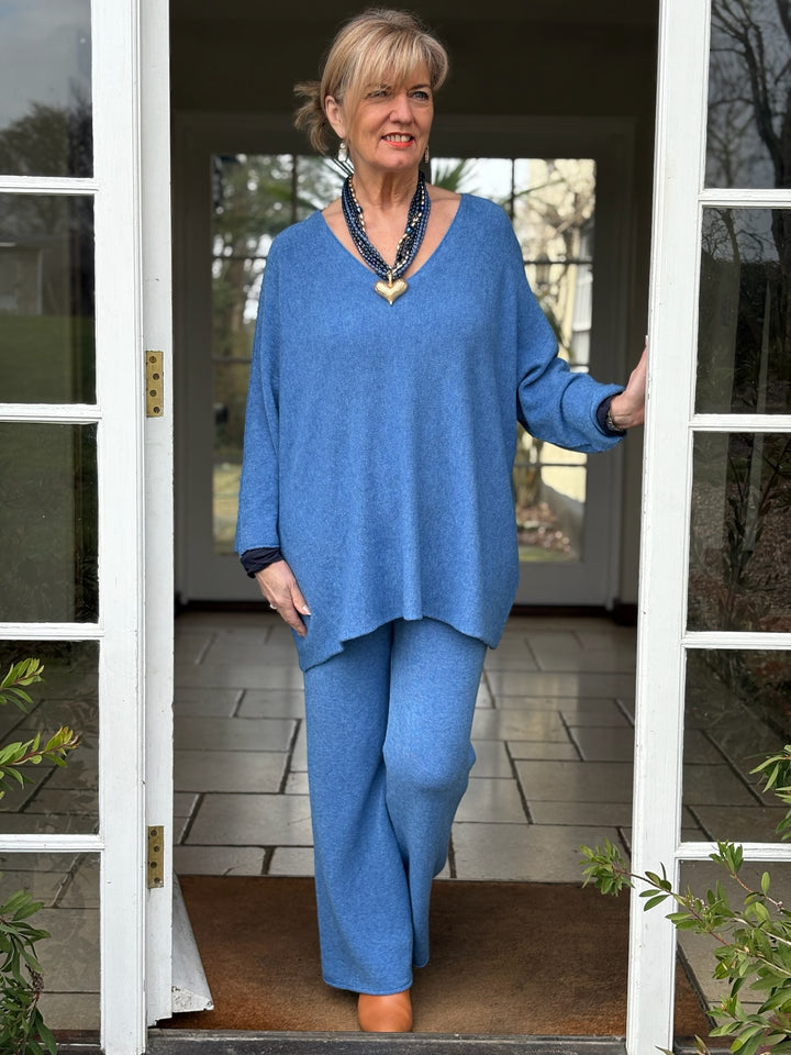 V-Neck Knit Co-ord | Ocean Blue