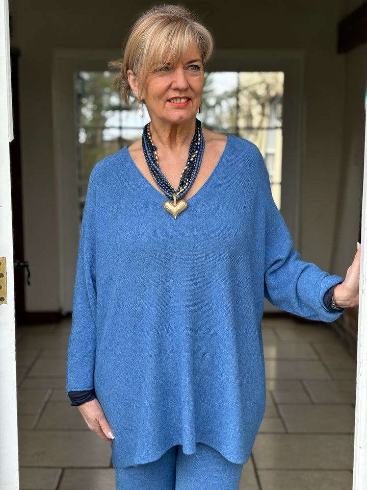 V-Neck Knit Co-ord | Ocean Blue