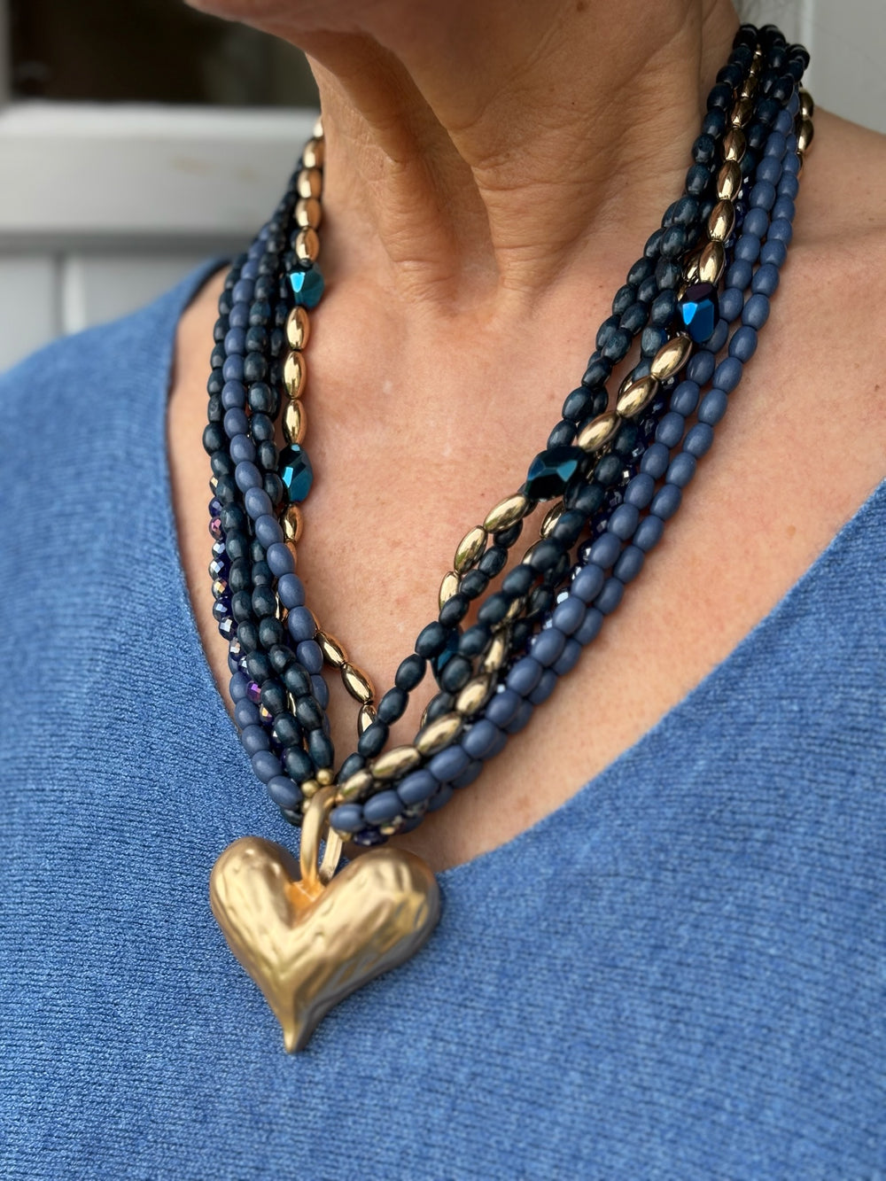 Statement Gold Heart Multi Strand Necklace | Royal Blue - Mandy's Heaven 