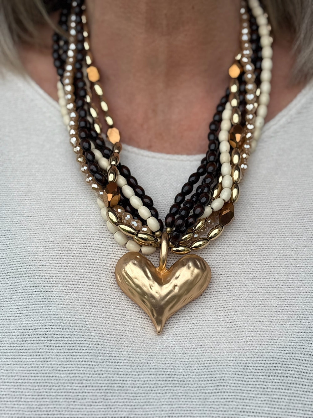 Statement Gold Heart Multi Strand Necklace | Brown - Mandy's Heaven 