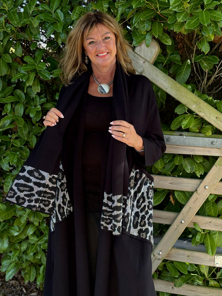 Diamante Leopard Print Detail Longline Cardigan & Scarf - Malissa J | Black