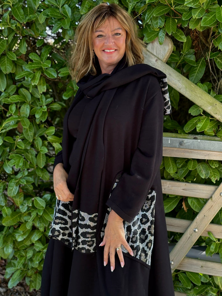 Diamante Leopard Print Detail Longline Cardigan & Scarf - Malissa J | Black