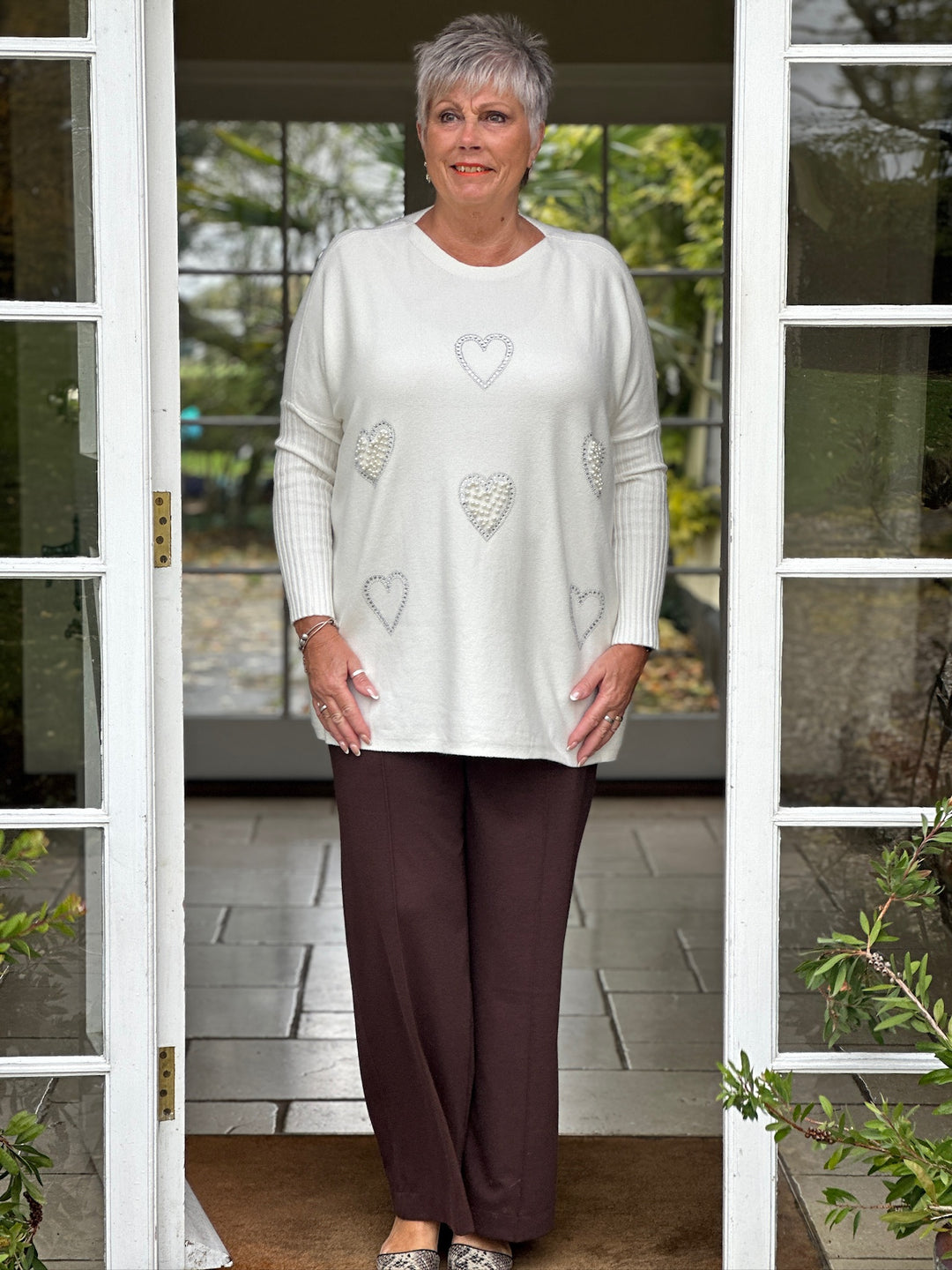 Pearl & Diamanté Hearts Soft Knit Top | Cream