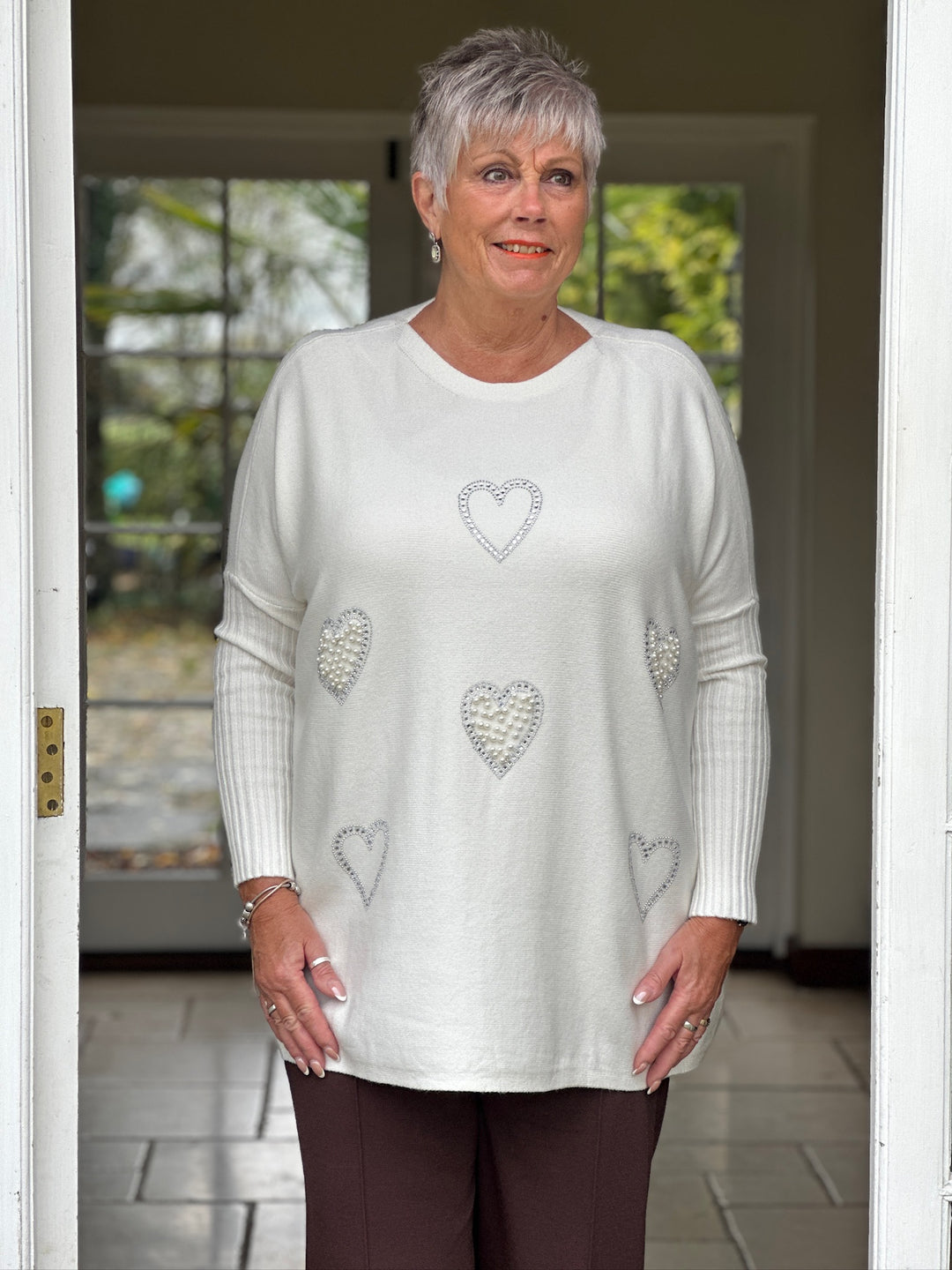 Pearl & Diamanté Hearts Soft Knit Top | Cream