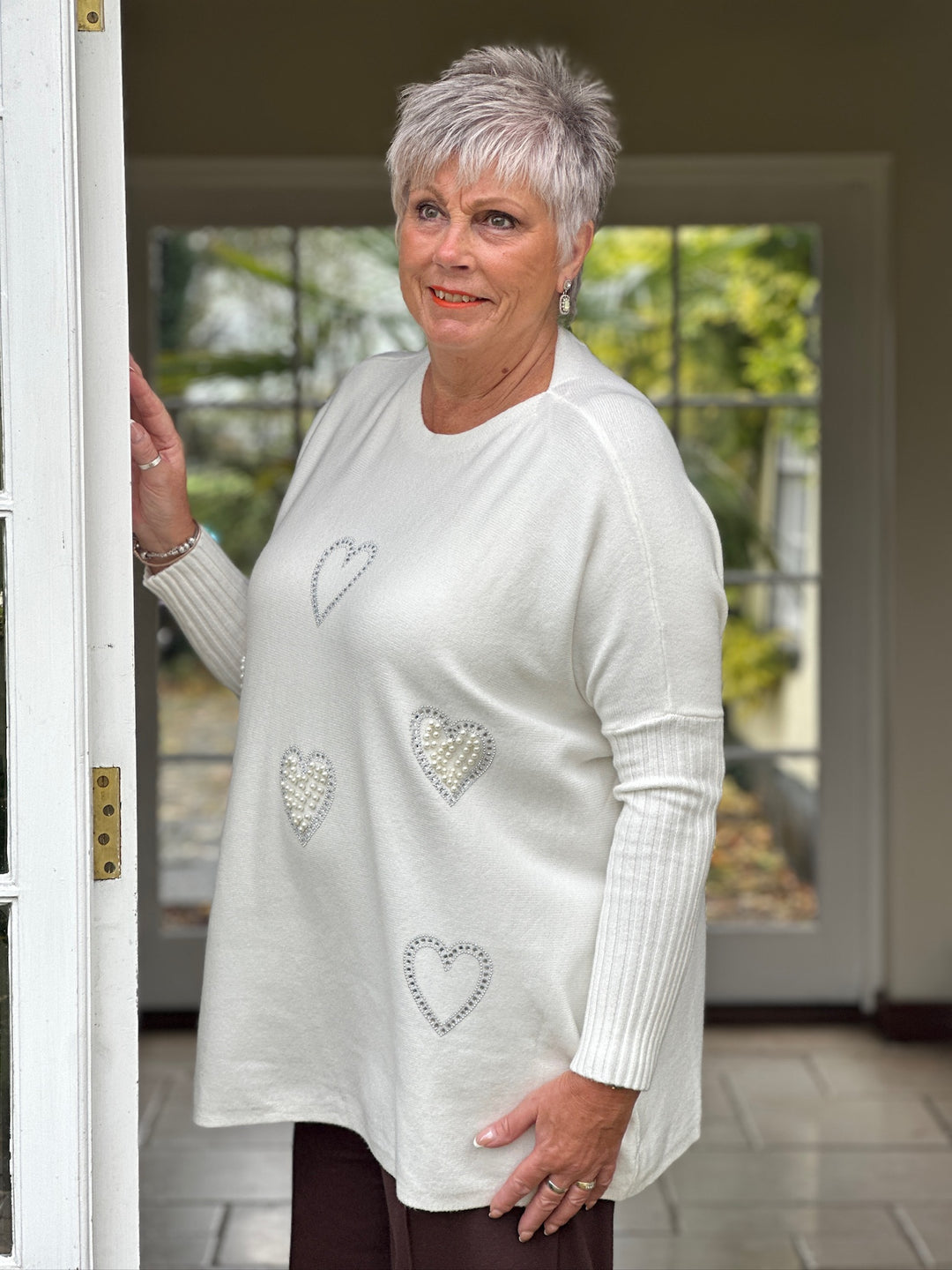 Pearl & Diamanté Hearts Soft Knit Top | Cream