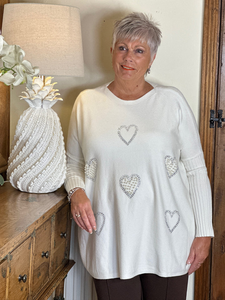 Pearl & Diamanté Hearts Soft Knit Top | Cream