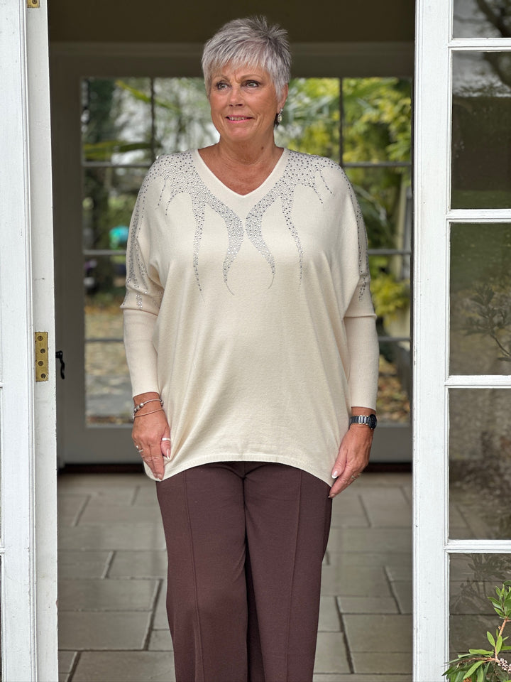 Dripped Embellished Soft Knit Top | Cream