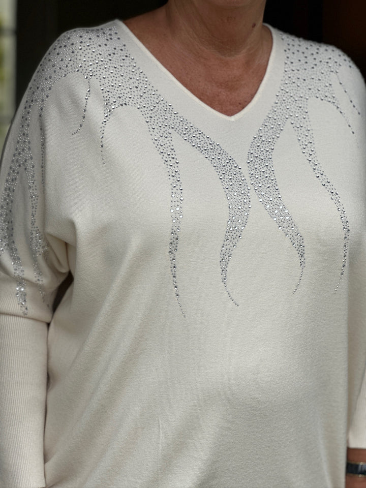 Dripped Embellished Soft Knit Top | Cream