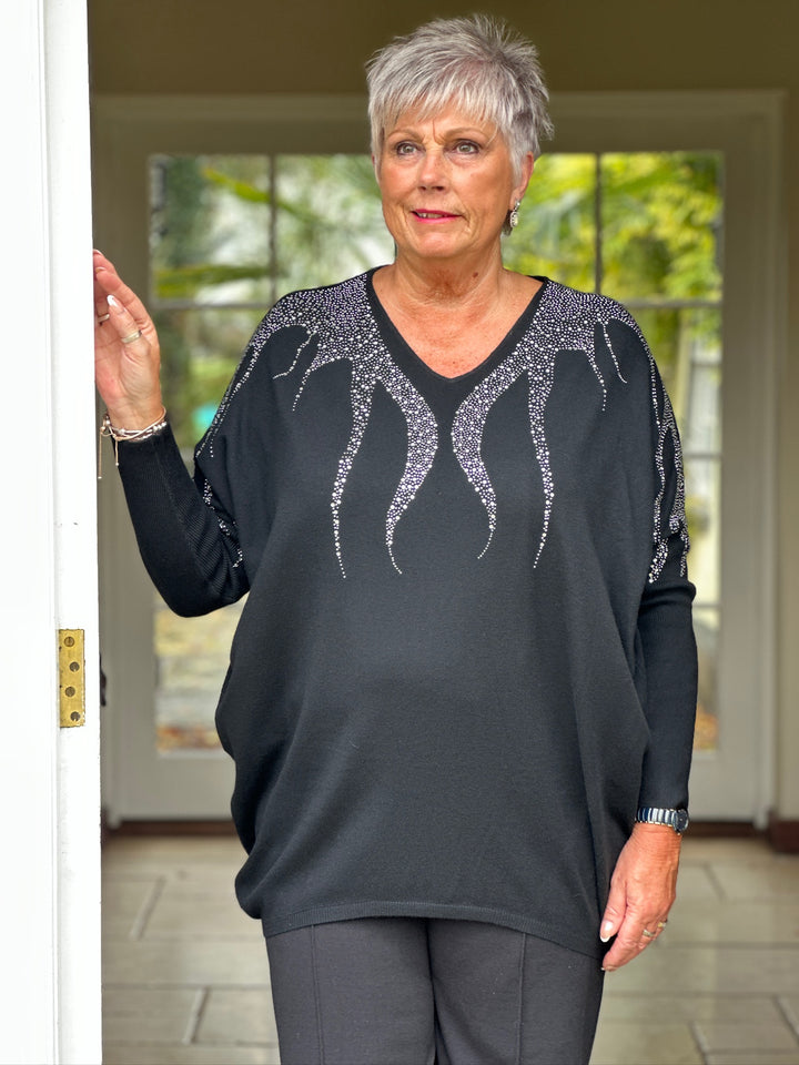 Dripped Embellished Soft Knit Top | Black