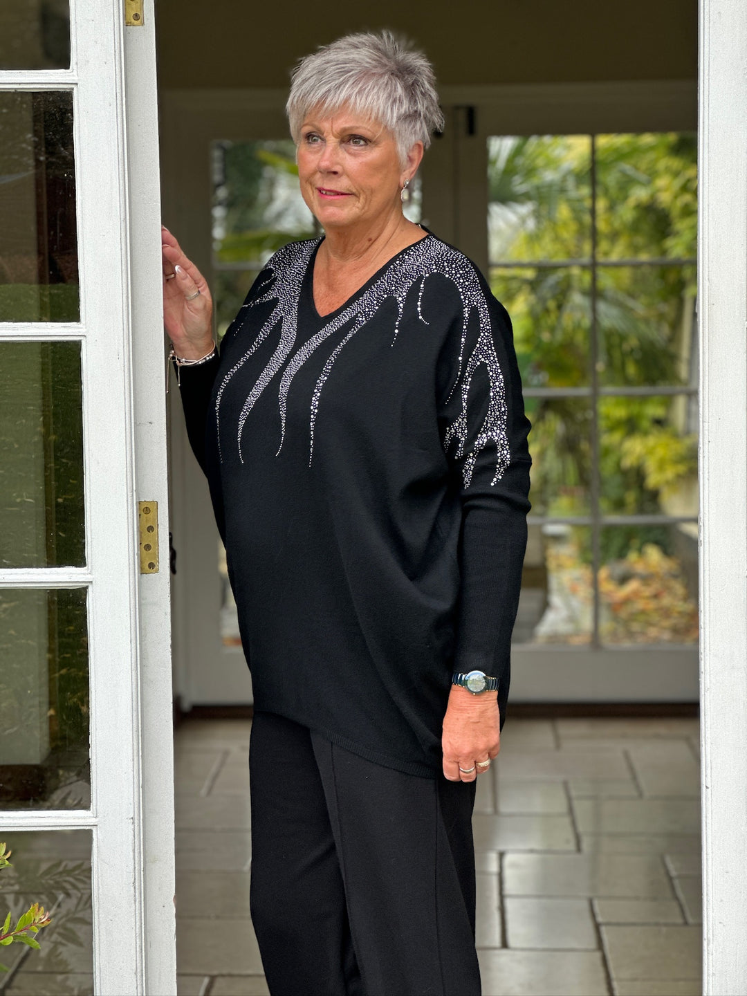 Dripped Embellished Soft Knit Top | Black