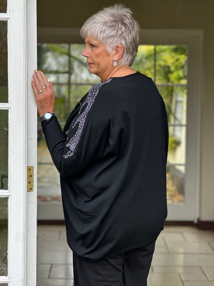 Dripped Embellished Soft Knit Top | Black