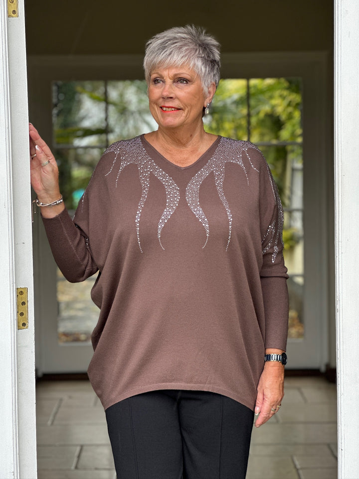 Dripped Embellished Soft Knit Top | Chocolate