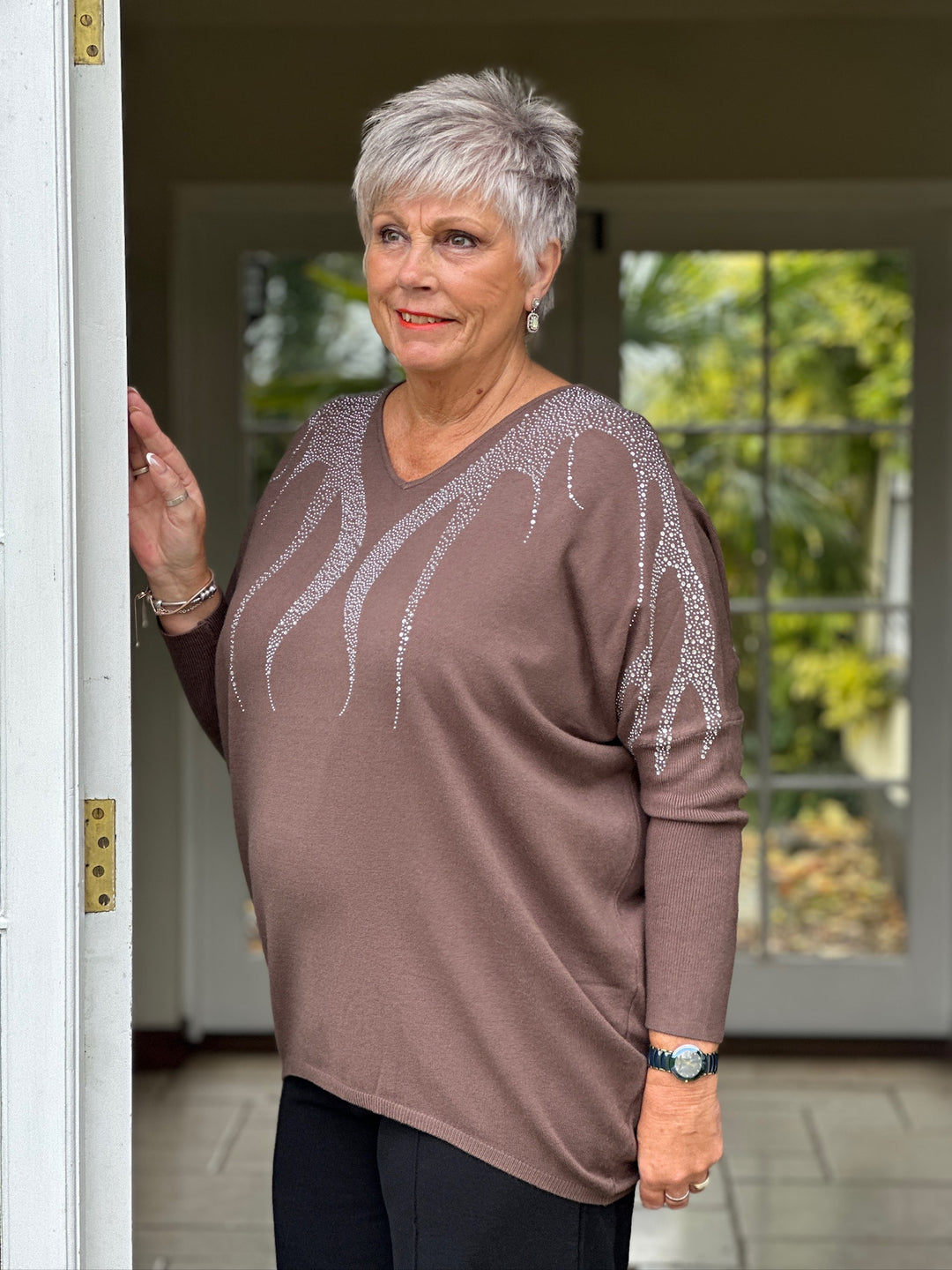 Dripped Embellished Soft Knit Top | Chocolate