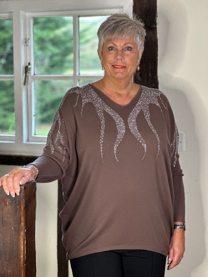 Dripped Embellished Soft Knit Top | Chocolate