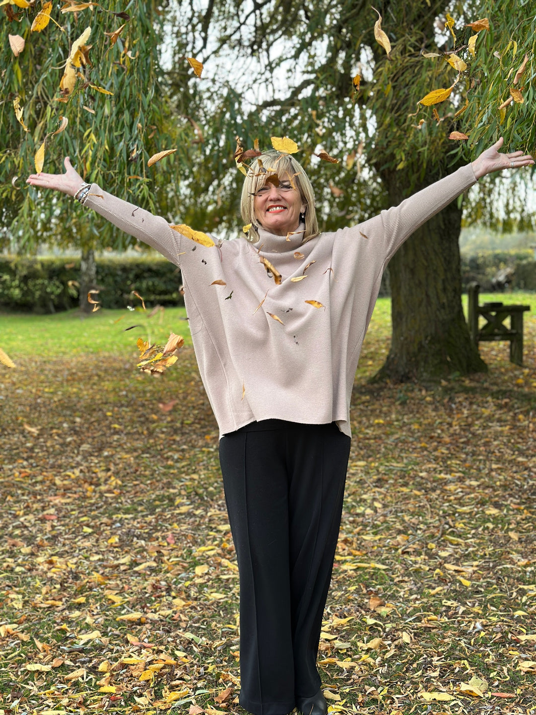 Ribbed Roll Neck Batwing Jumper | Beige