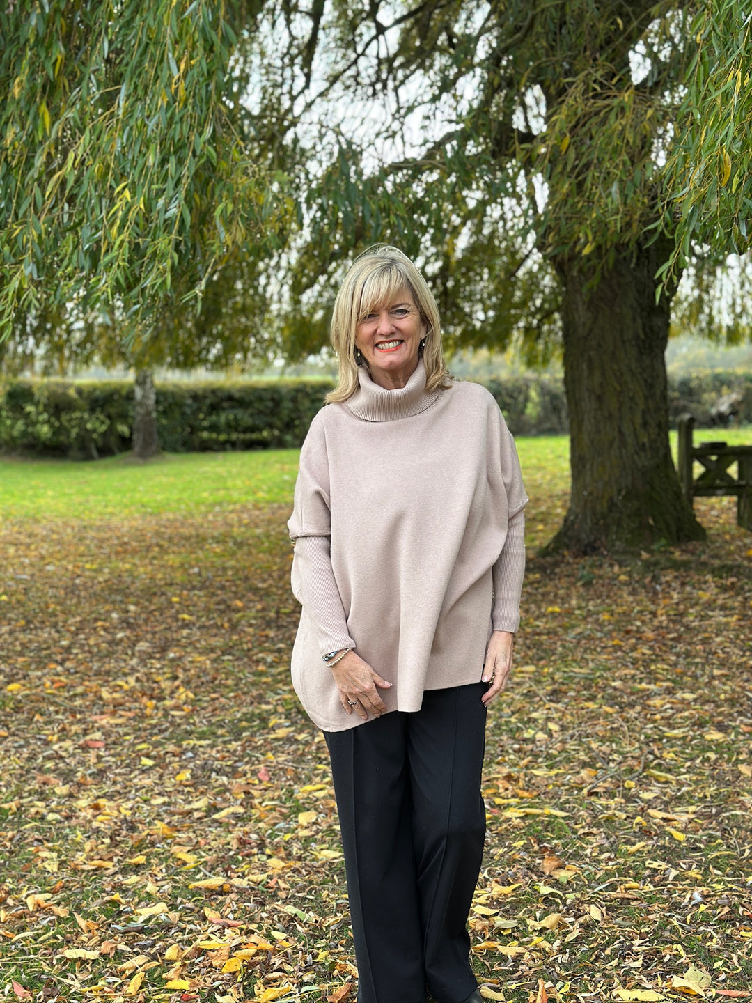 Ribbed Roll Neck Batwing Jumper | Beige