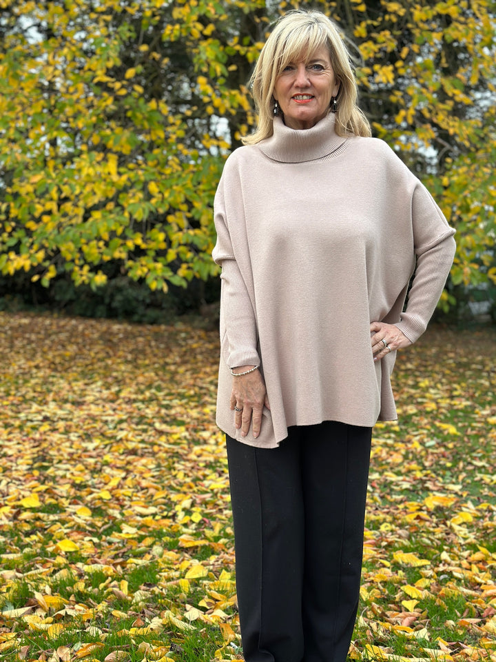 Ribbed Roll Neck Batwing Jumper | Beige