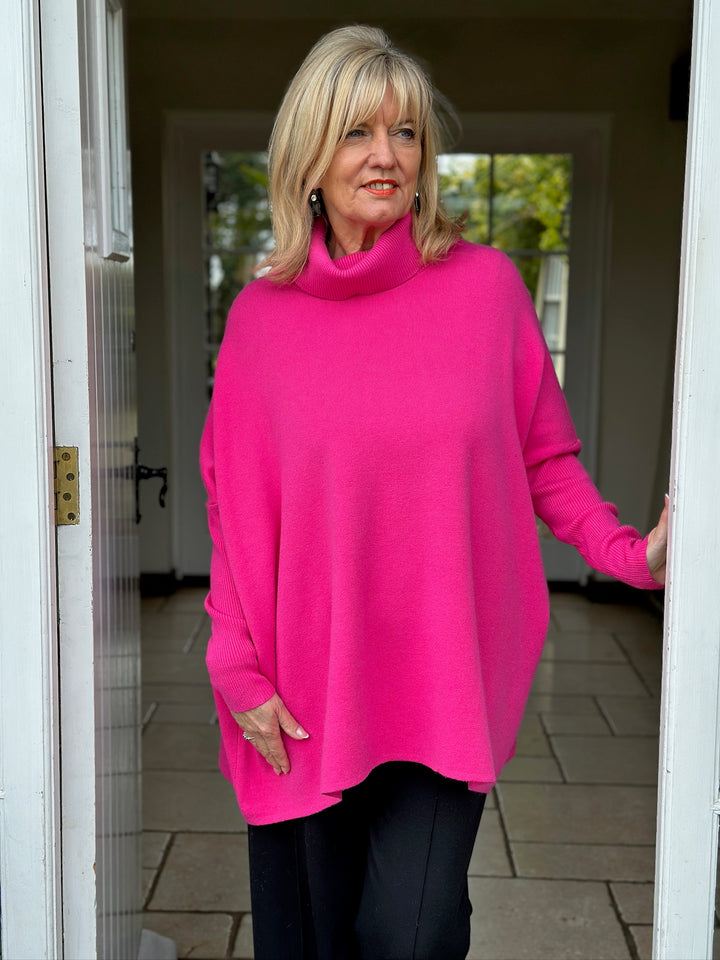 Ribbed Roll Neck Batwing Jumper | Fuchsia