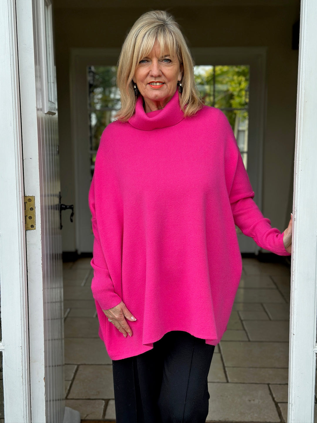 Ribbed Roll Neck Batwing Jumper | Fuchsia