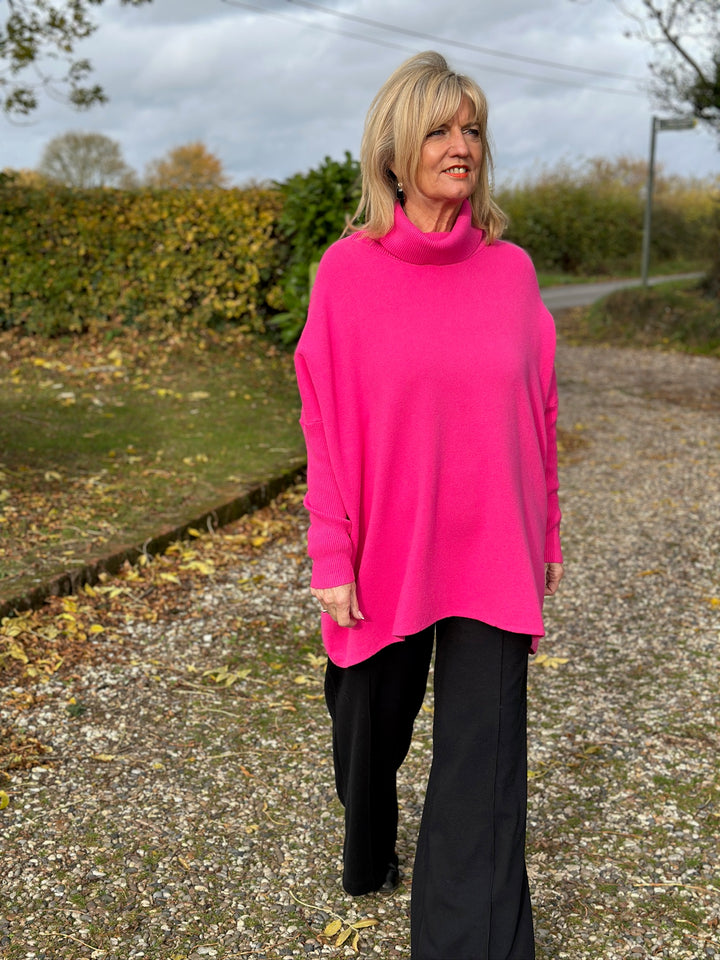Ribbed Roll Neck Batwing Jumper | Fuchsia