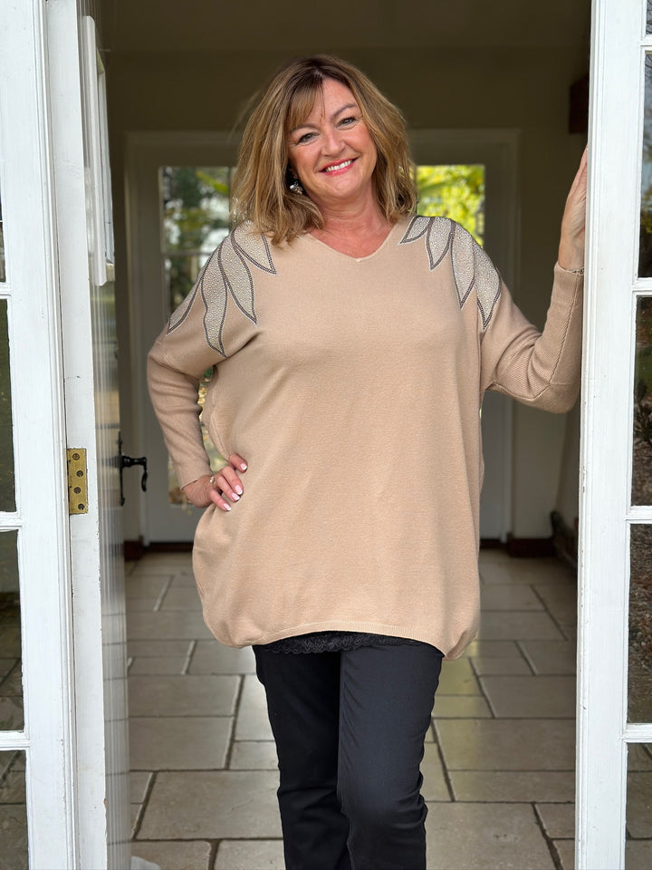 Diamanté Leaf Shoulder Design Top | Camel