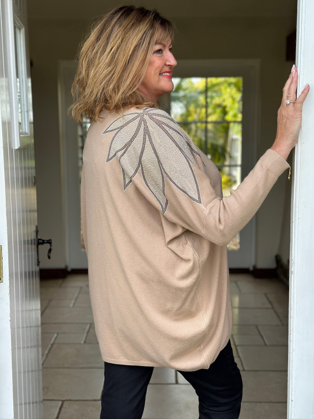 Diamanté Leaf Shoulder Design Top | Camel