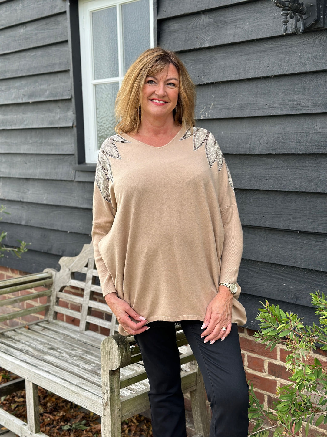 Diamanté Leaf Shoulder Design Top | Camel