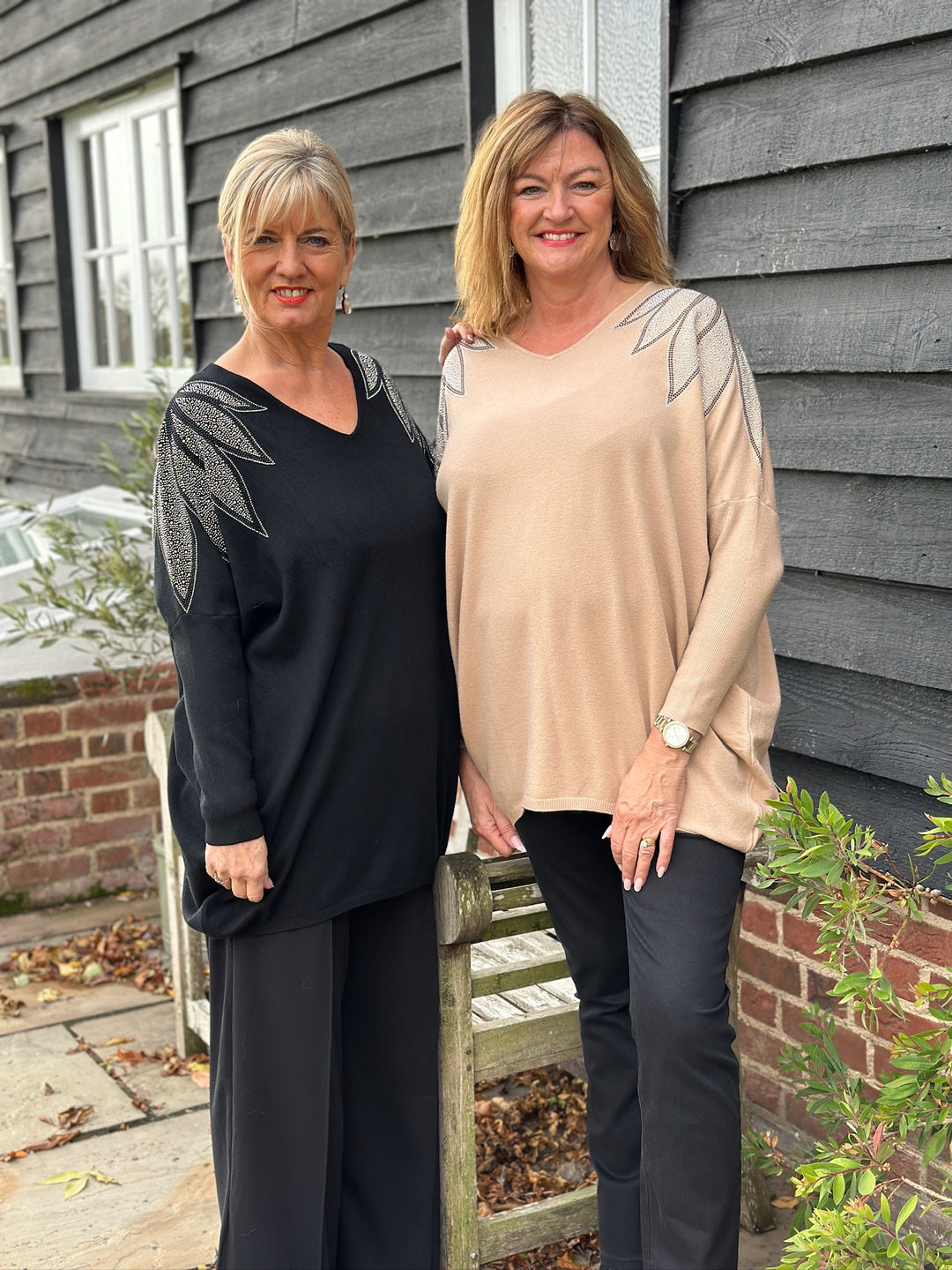 Diamanté Leaf Shoulder Design Top | Camel