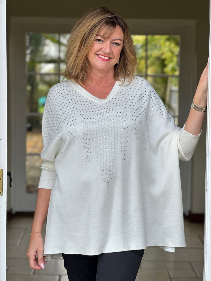 Diamanté Detail V Neck Soft Knit Top | Ivory