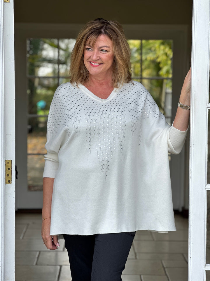Diamanté Detail V Neck Soft Knit Top | Ivory