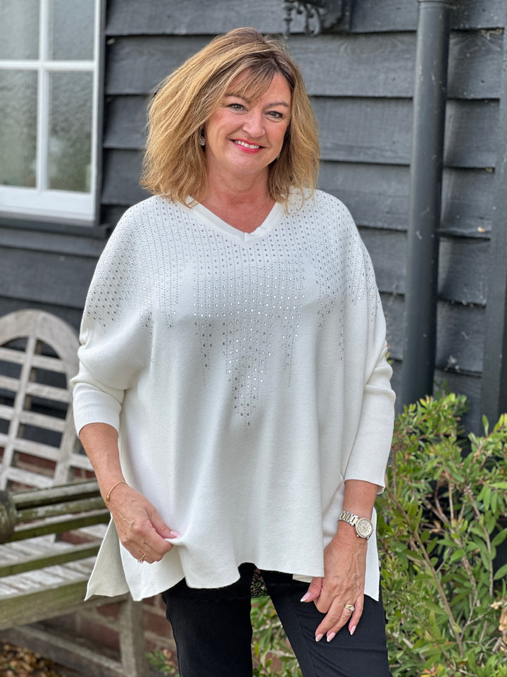 Diamanté Detail V Neck Soft Knit Top | Ivory