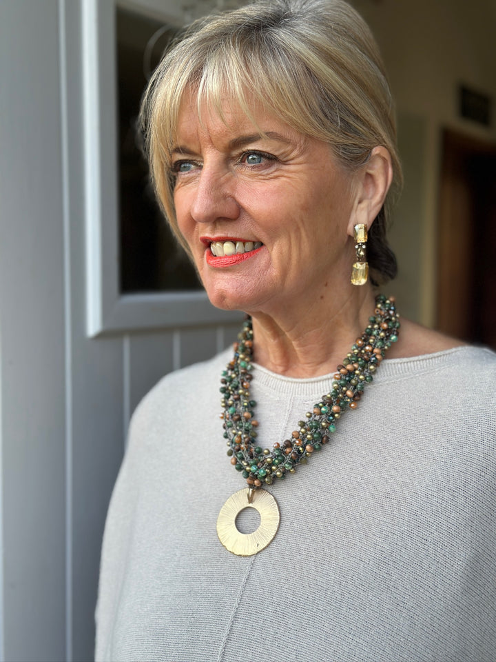 Gold Ring Feature Multi Bead Necklace | Forest Green & Gold