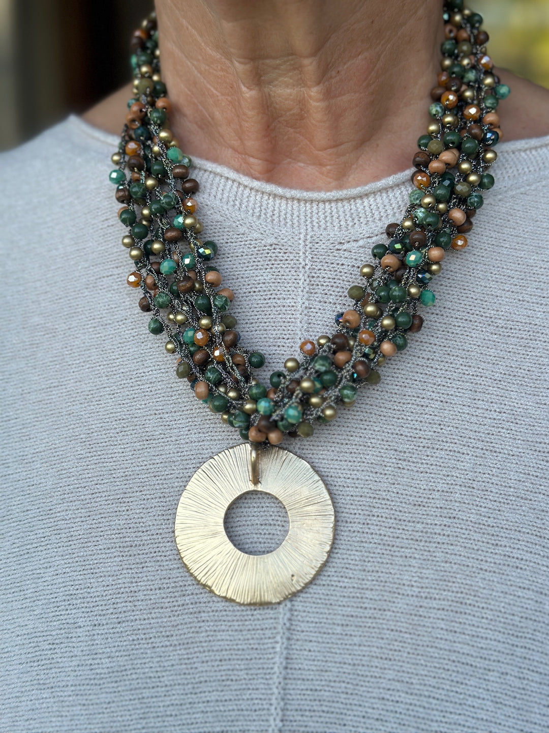 Gold Ring Feature Multi Bead Necklace | Forest Green & Gold