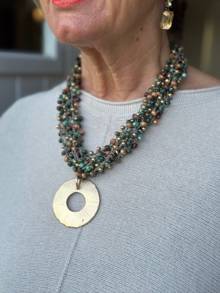 Gold Ring Feature Multi Bead Necklace | Forest Green & Gold