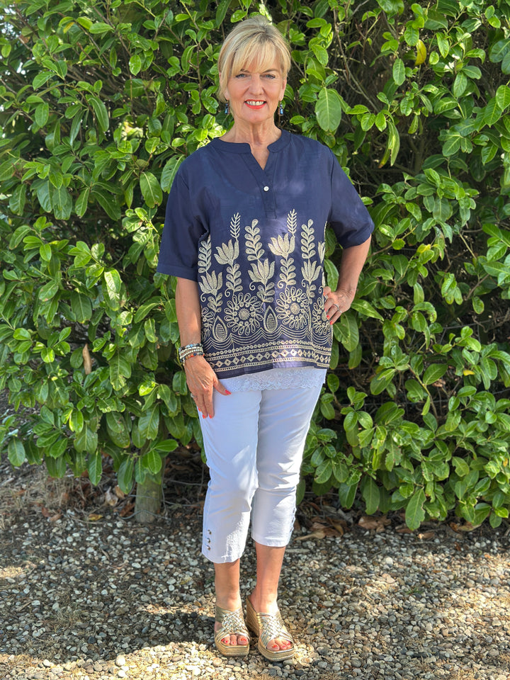 Isla Embroidered Top | Navy