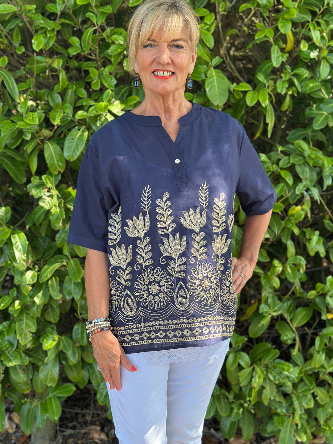Isla Embroidered Top | Navy