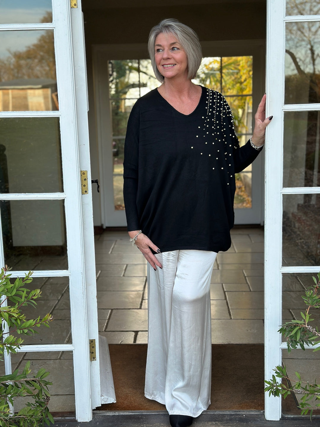 Scattered Embellished Knit Top | Black