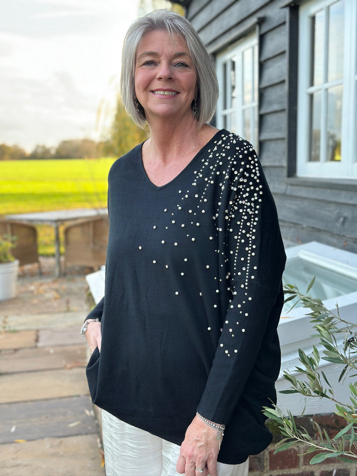 Scattered Embellished Knit Top | Black