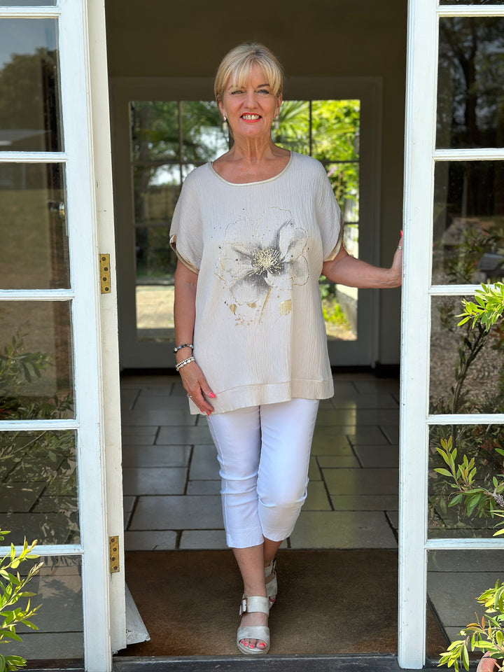 Satin Trim Floral Embellished Top | Beige