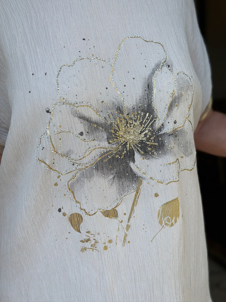 Satin Trim Floral Embellished Top | Beige