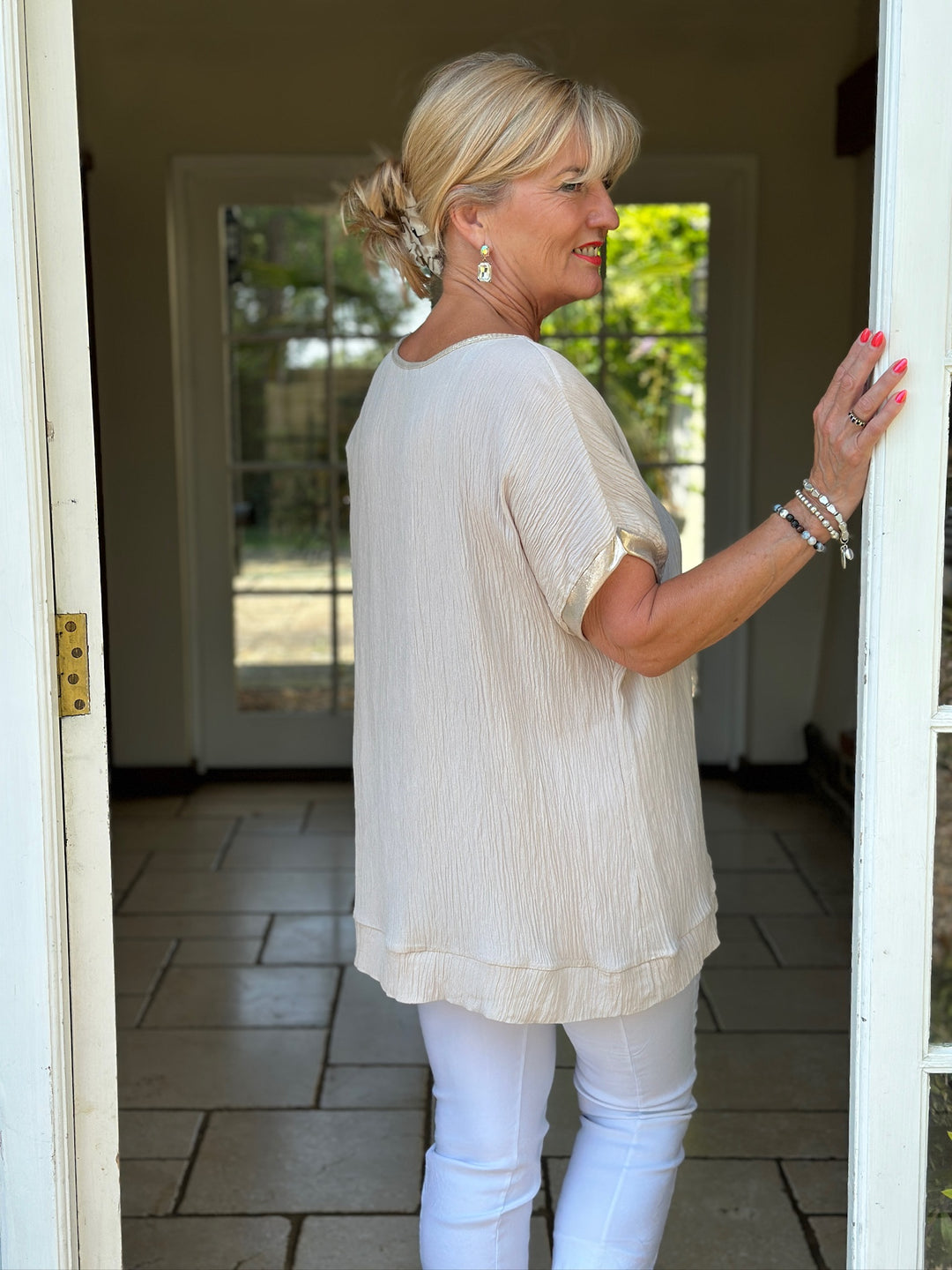 Satin Trim Floral Embellished Top | Beige