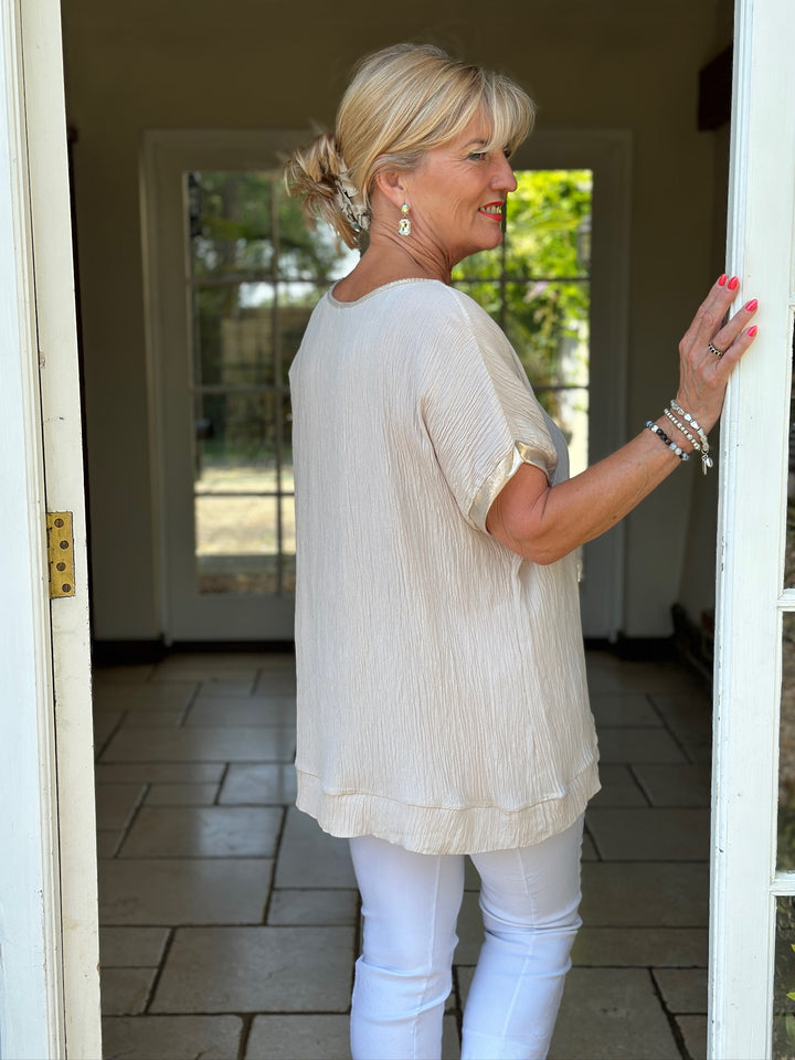 Satin Trim Floral Embellished Top | Beige