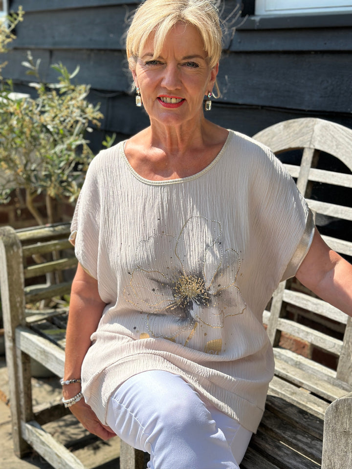 Satin Trim Floral Embellished Top | Beige