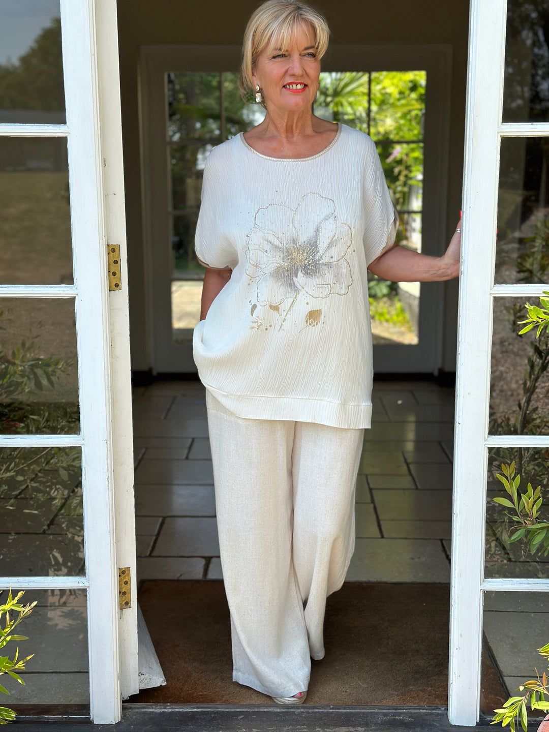 Satin Trim Floral Embellished Top | Cream