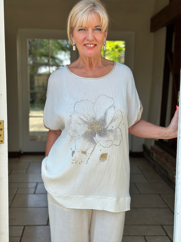 Satin Trim Floral Embellished Top | Cream