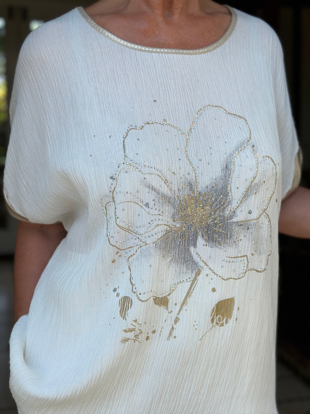 Satin Trim Floral Embellished Top | Cream