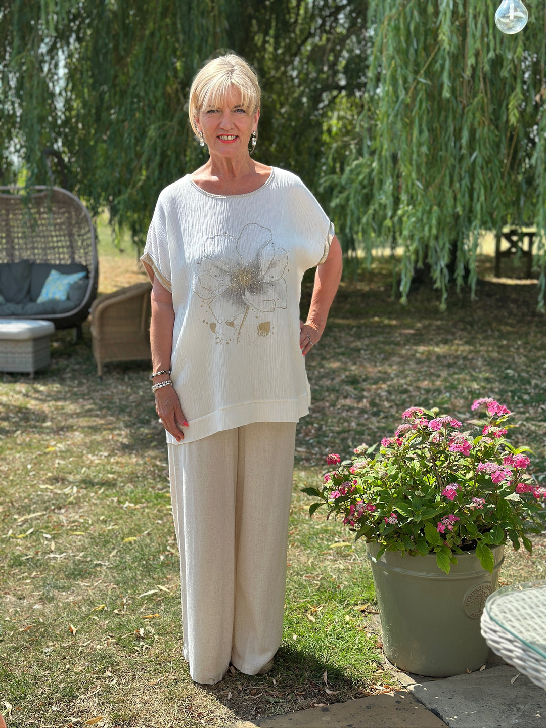 Satin Trim Floral Embellished Top | Cream