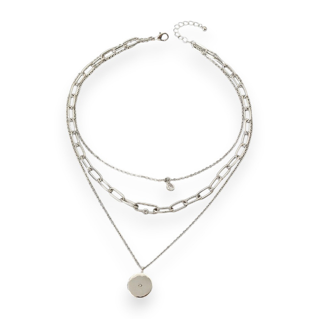 Mixed Triple Chain Link & Disc Necklace | Silver