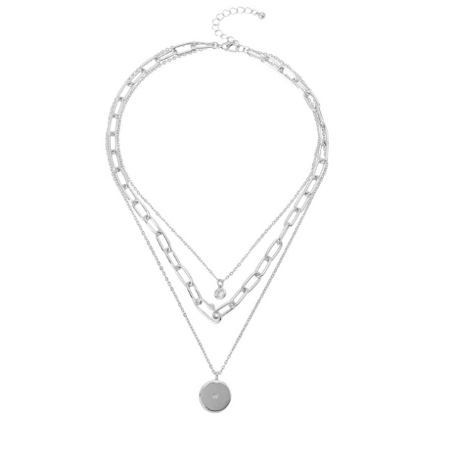 Mixed Triple Chain Link & Disc Necklace | Silver
