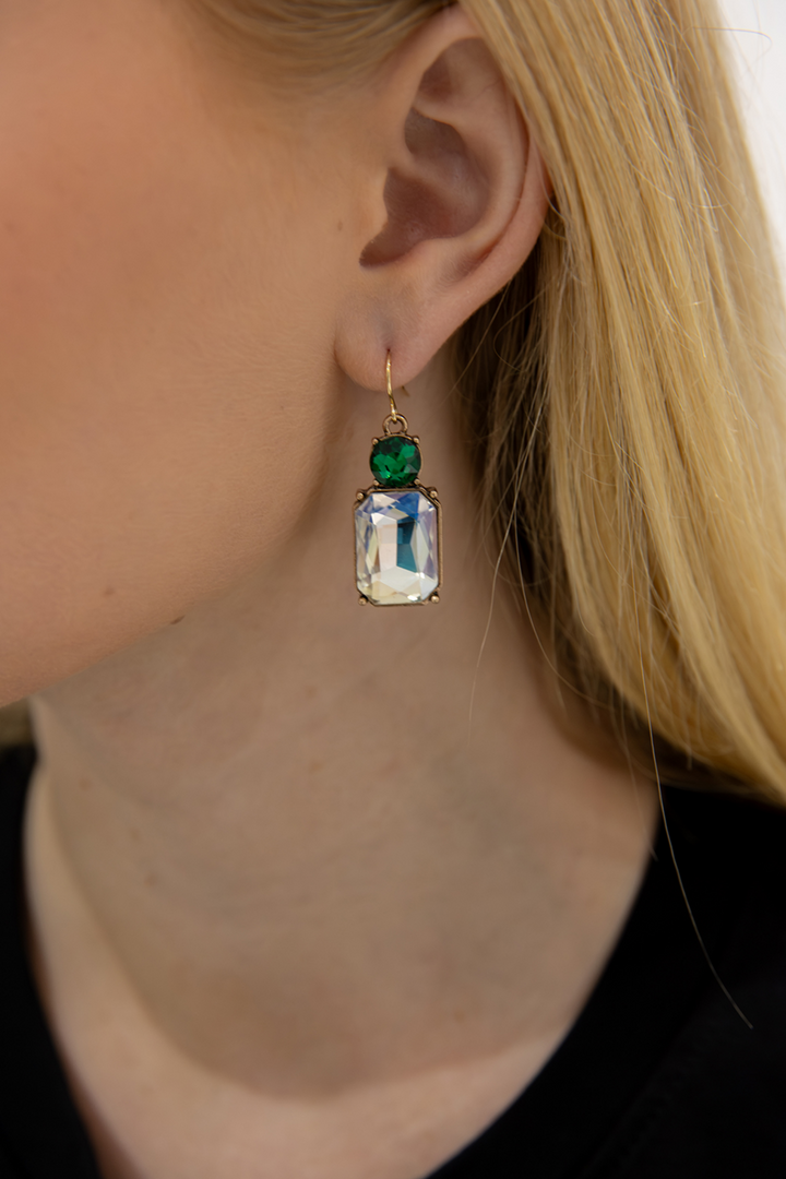 Hook Twin Gem Earrings | Clear & Emerald Green